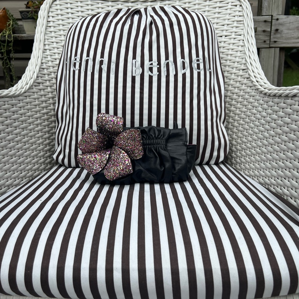 RARE Henri Bendel Orchid Black Leather Clutch